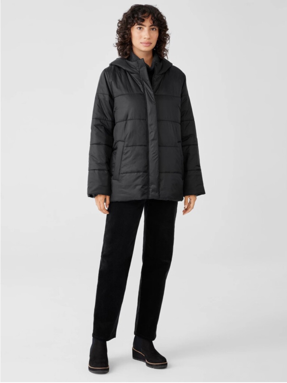 Eileen Fisher Eggshell Recycled Nylon Short Coat Black